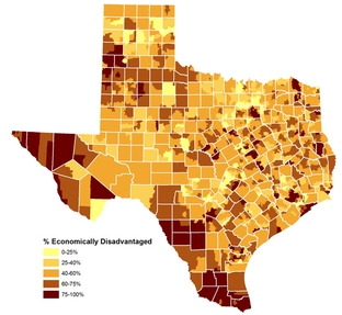 This map of Texas school districts visualizes the percentage of students rated by the state as economically disadvantaged.