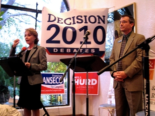 Rick Green and Judge Debra Lehrmann at a Young Republicans debate in San Antonio.