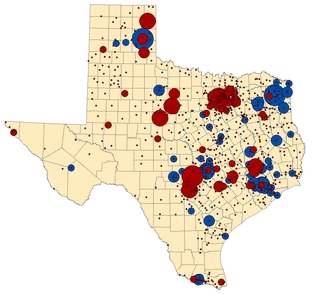 The map represents contributions to the major-party candidates in the Texas' governor's race: incumbent Gov. Rick Perry (red) and former Houston mayor Bill White (blue). The map compares contribution totals from Feb. 21 to June 30 to each candidate with each city's populations. The bubbles grow larger in cities where residents disproportionately donated based on the overall population.