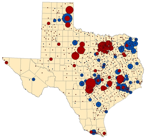 The map represents contributions to the major-party candidates in the Texas' governor's race: incumbent Gov. Rick Perry (red) and former Houston mayor Bill White (blue). The map compares contribution totals from Feb. 21 to June 30 to each candidate with each city's populations. The bubbles grow larger in cities where residents disproportionately donated based on the overall population.