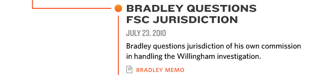 BRADLEY QUESTIONS  FSC JURISDICTION JUL 23, 2010 Bradley questions jurisdiction of his own commission  in handling the Willingham investigation bradley memo
