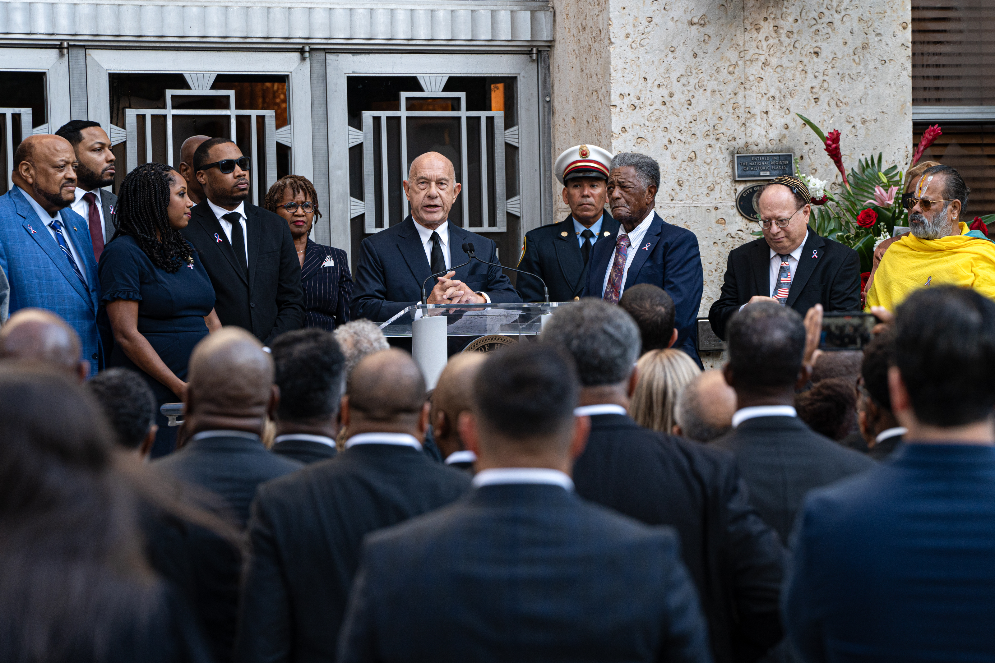 Houston Mayor John Whitmire makes remarks on the steps of city hall ahead of the public viewing of late congresswoman Sheila Jackson Lee who is laid in state Monday, July 29, 2024, in Houston. (Douglas Sweet Jr. for Texas Tribune)