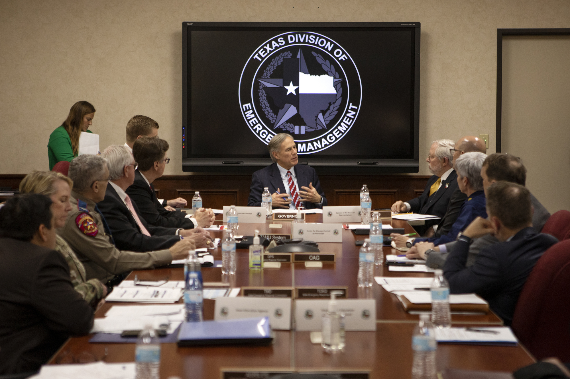 Gov. Greg Abbott is briefed by government officials about the state’s preparedness in addressing a potential outbreak of COVID-19 in the state. Feb 27, 2020.