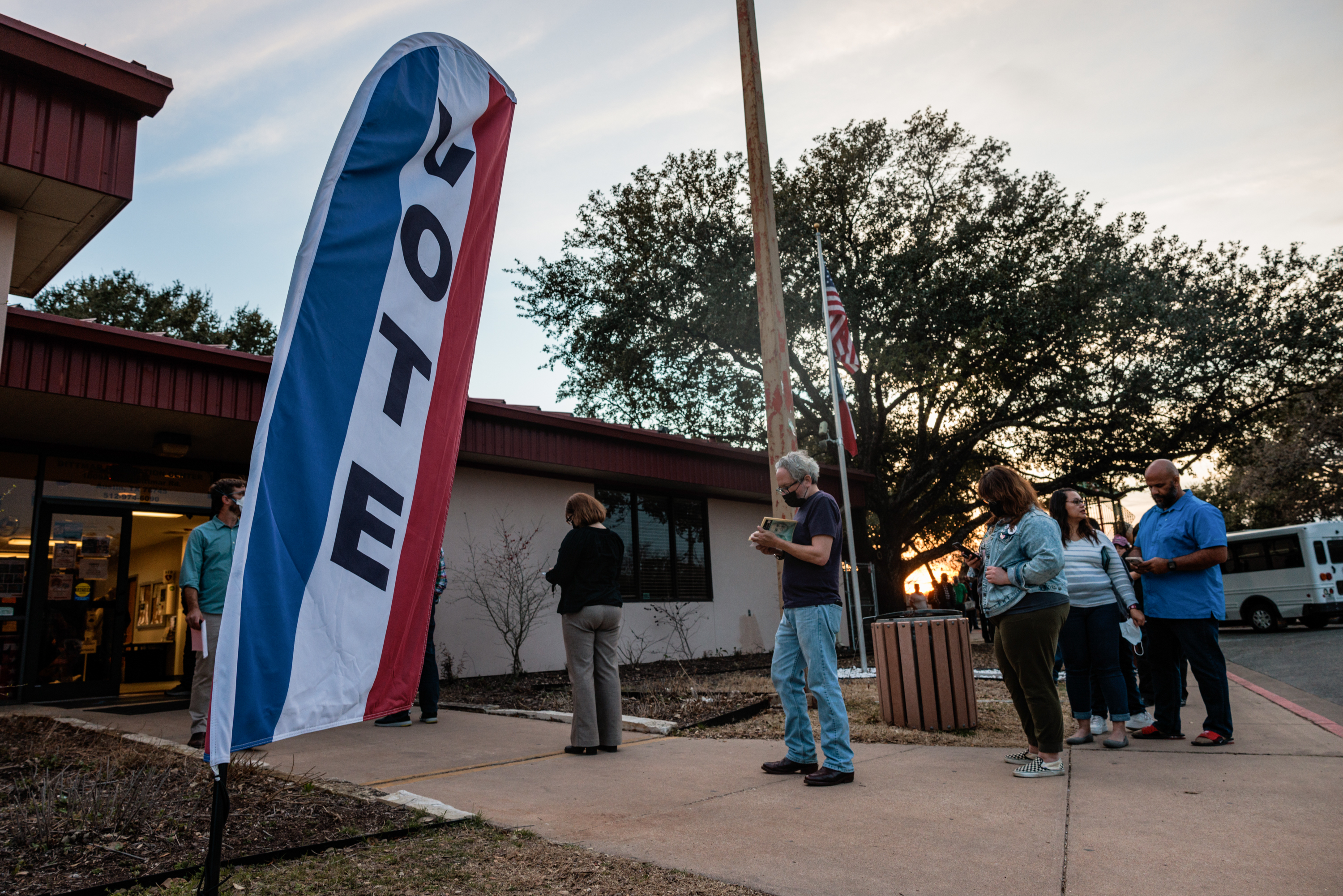 Voters wait to cast their ballots at the Dittmar Recreation Center in South Austin on March 1, 2022.