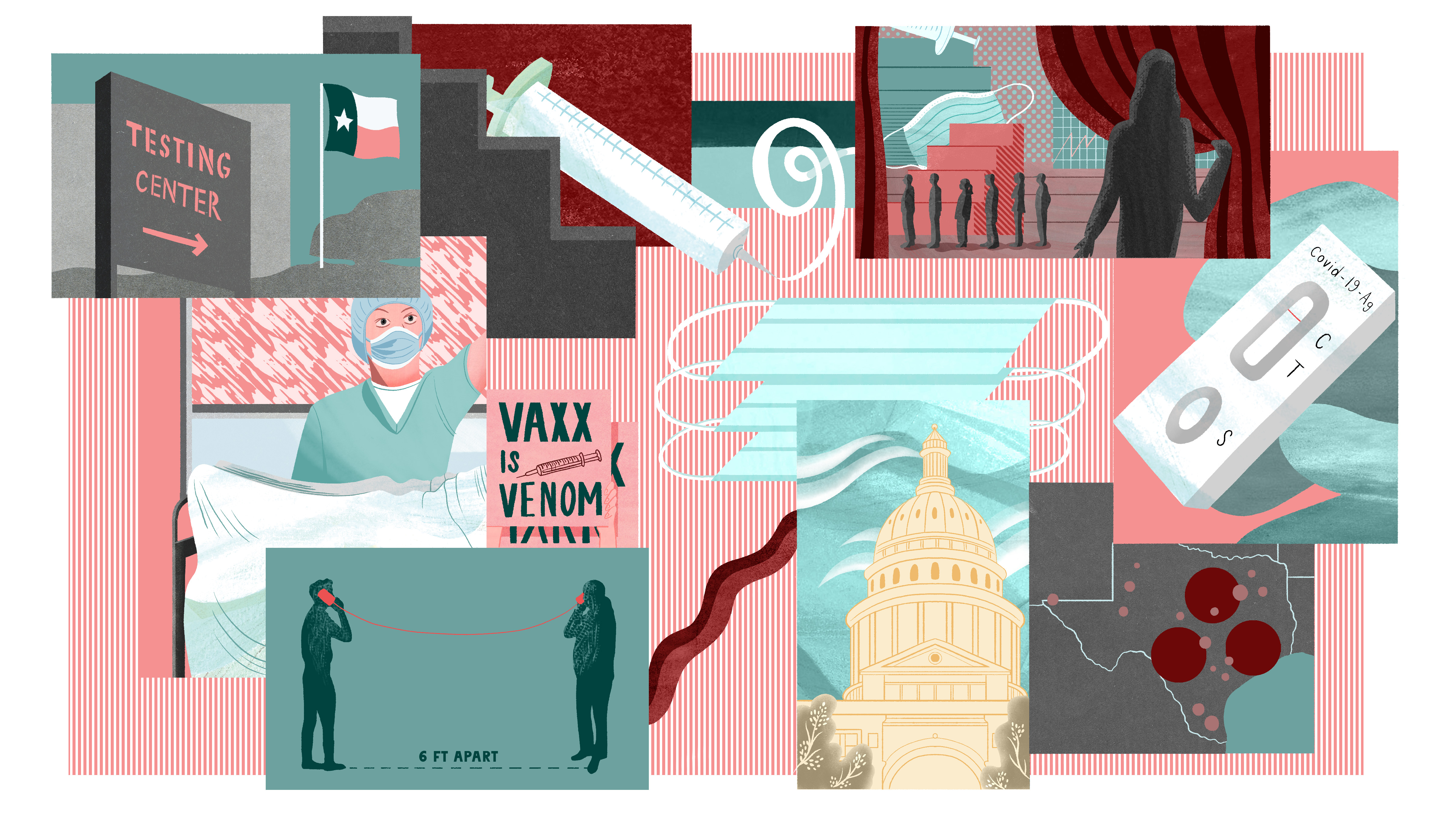 An illustration shows a colorful collage of vignettes including syringes, a medical professional, face masks, COVID test and more. 