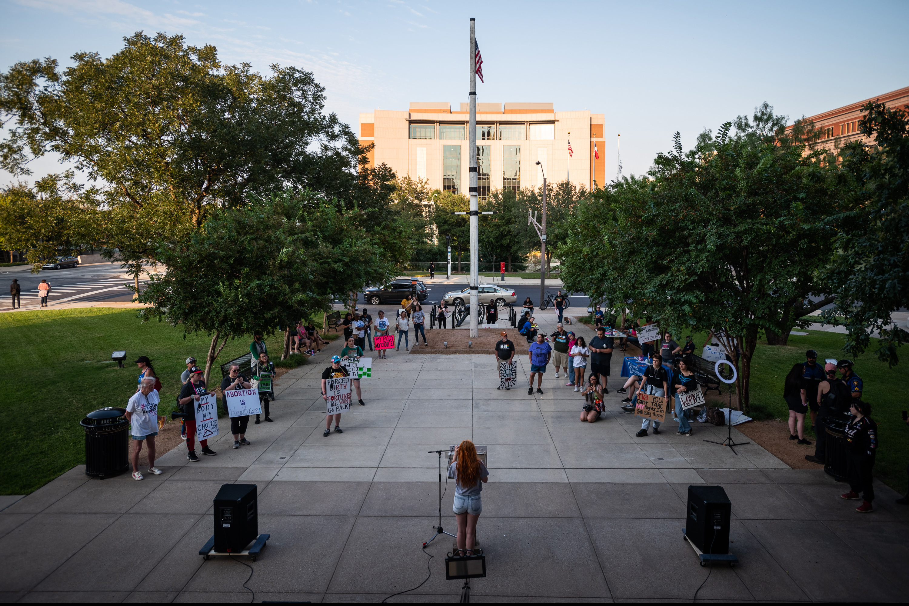 Holly Hart, 22, bottom, speaks during a Women's Wave protest, hosted by Bans Off Our Bodies Fort Worth, on Saturday, Oct. 08, 2022 outside of the Tarrant County Courthouse in downtown Fort Worth.