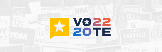 A sheer image of voters behind a large logo that reads 'VOTE 2022' next to a Texas Tribune icon.