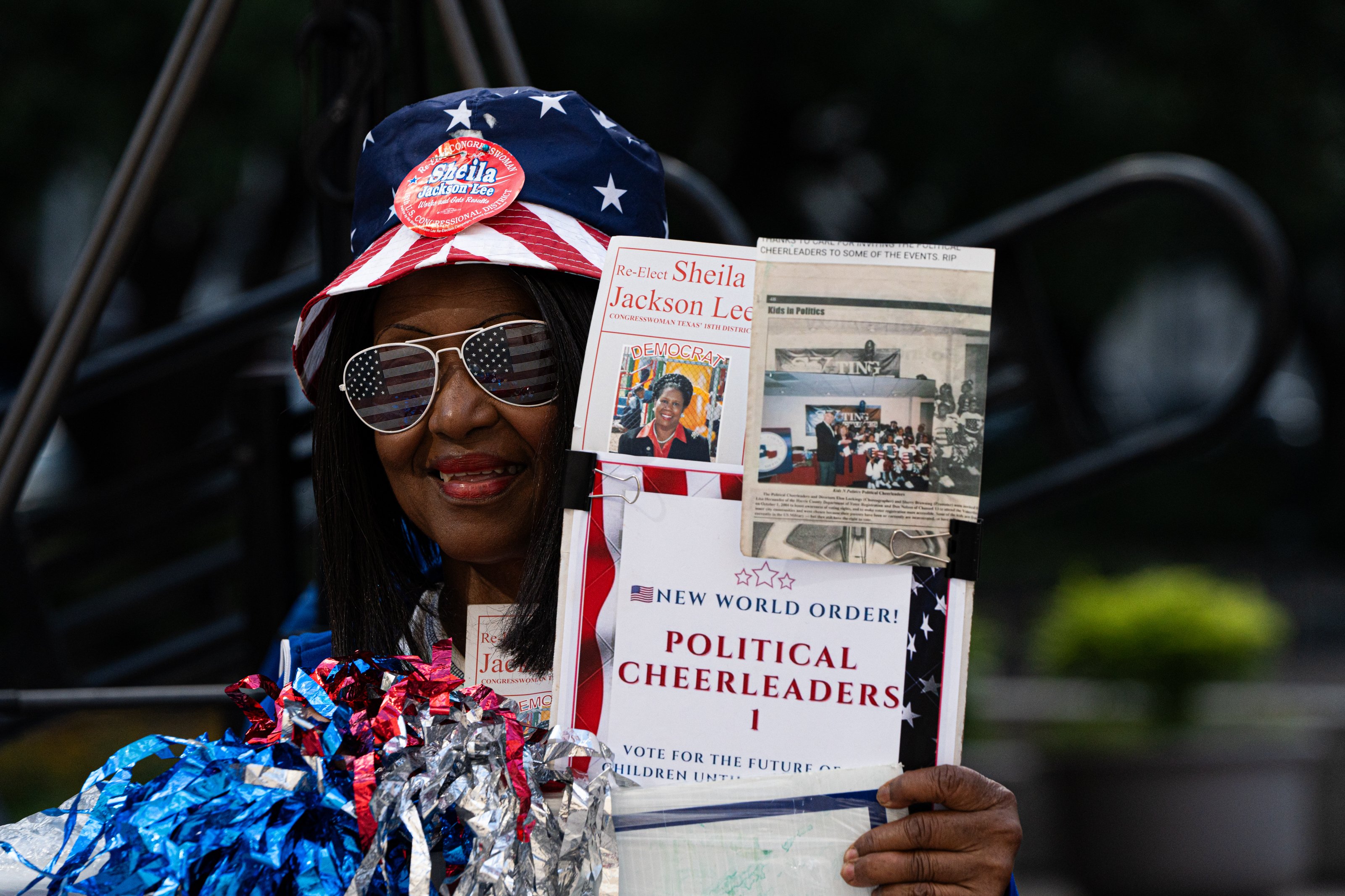 Longtime Houstonian Sherry Browning came dressed in patriotic colors to pay her respects and share stories of late congresswoman Sheila Jackson Lee who is laid in state, Monday, July 29, 2024, in Houston. (Douglas Sweet Jr. for Texas Tribune)