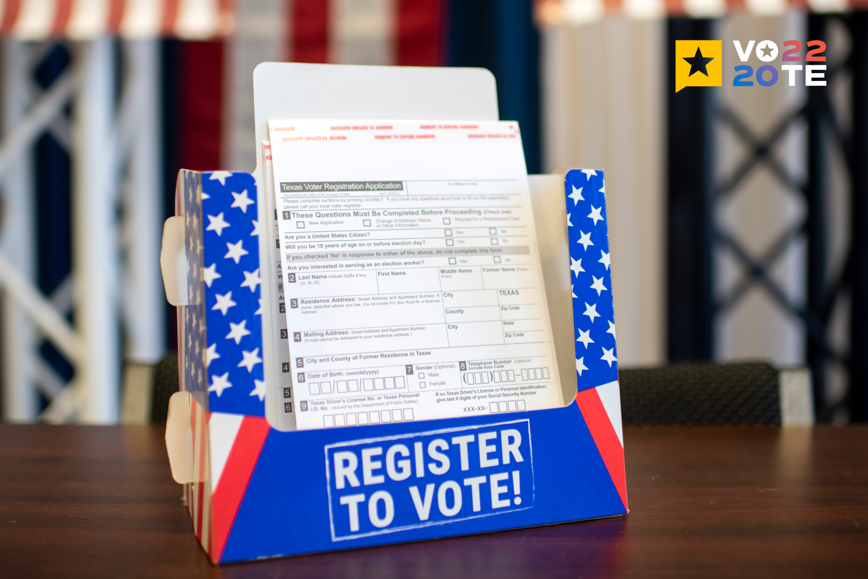 Blank voter registration forms at the election’s office on Oct. 3, 2022, in Nacogdoches.