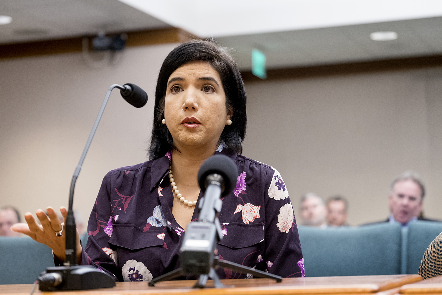 Melinda Sandlin testifies at a House of Representatives Committee on Business and Industry hearing on Wednesday, April 4, 2018 at the Capitol in Austin, Texas. A rent-to-own company threatened to file criminal charges against Austin resident Sandlin after she stopped making payments on a bedroom set she rented.