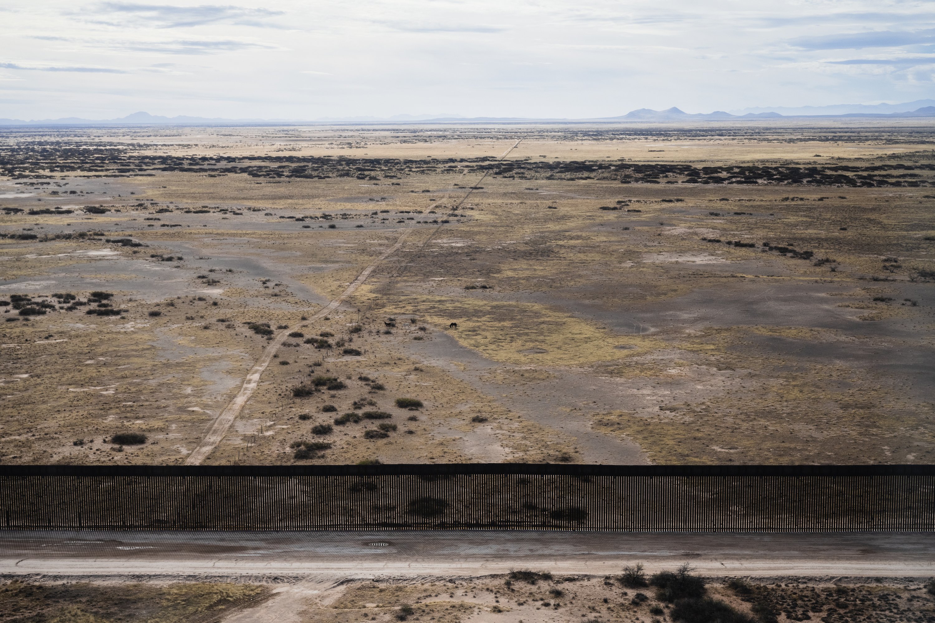 The border wall as seen from a US CBP helicopter in a remote section of southern New Mexico on December 14, 2021.