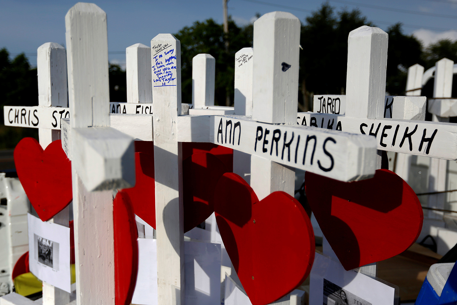 Crosses bearing the name of of the victims killed in a shooting at Santa Fe High School are seen in Santa Fe, Texas, U.S., May 21, 2018.