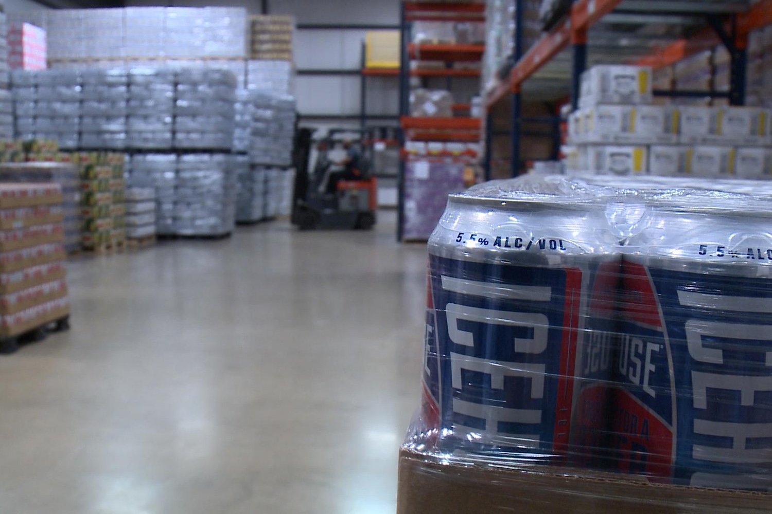 Beer stacked at a Keg 1 O'Neal beer distribution warehouse in Temple, Texas in April 2018.