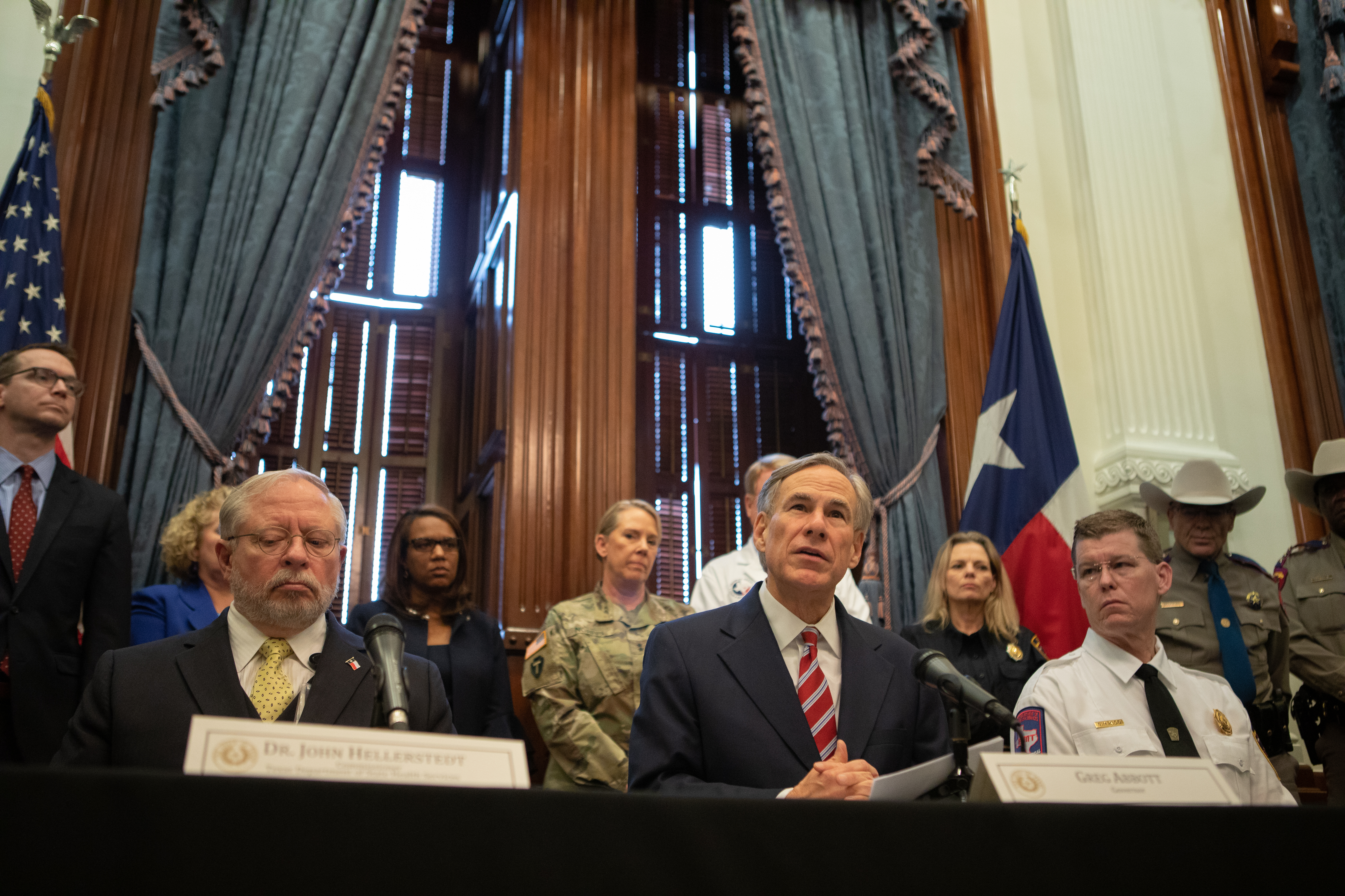 Gov. Greg Abbott declares a state of disaster in Texas amid new cases of COVID-19 in the state on March 13, 2020, at the state capitol.