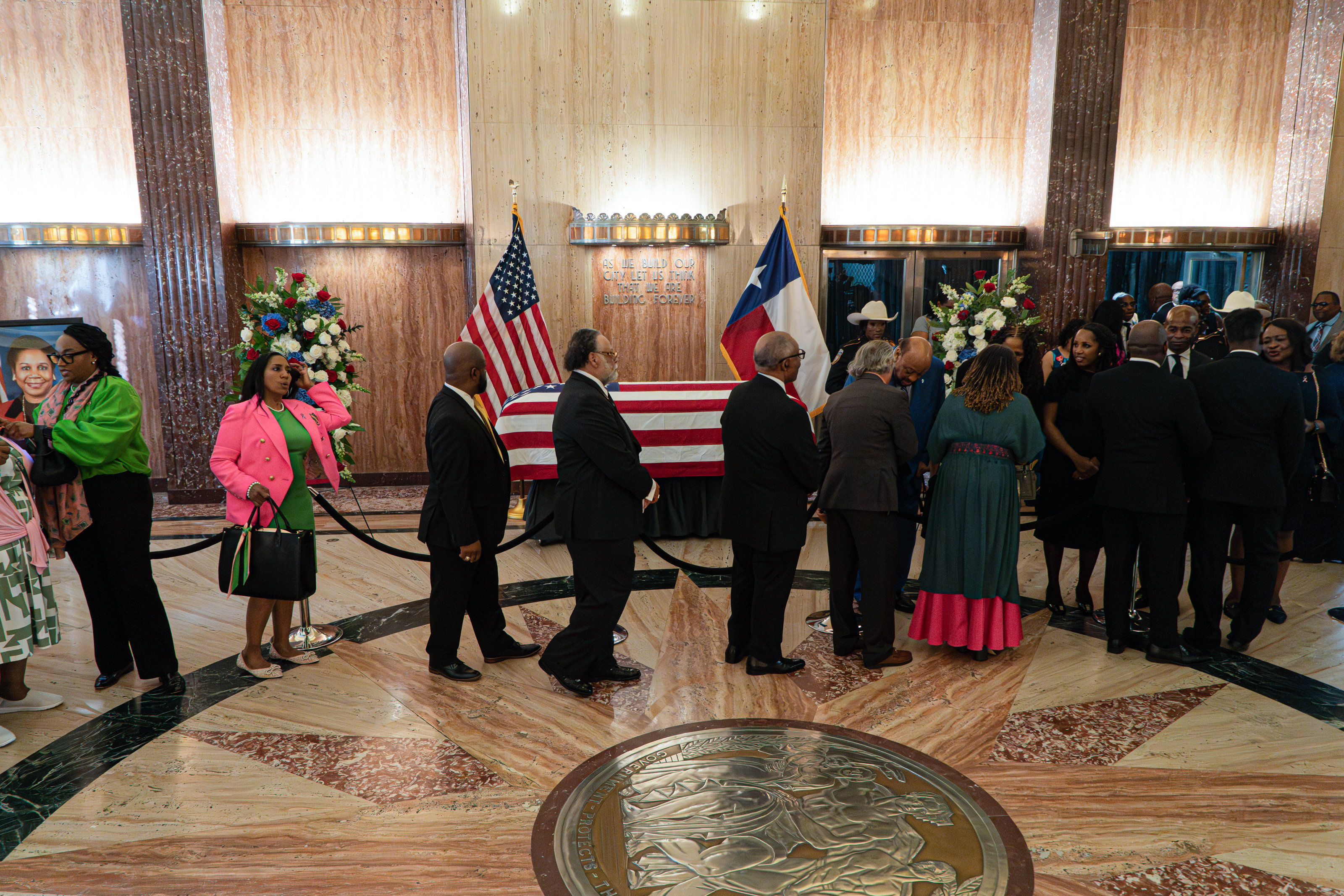 Crowds pay their respects as they make their way pass late congresswoman Sheila Jackson Lee who is laid in state in Houston’s City Hall, Monday, July 29, 2024, in Houston.