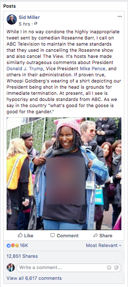 A screenshot of Sid Miller's Facebook post, which has now been deleted. The fake image on Whoopi Goldberg's shirt has been edited out by The Texas Tribune. 