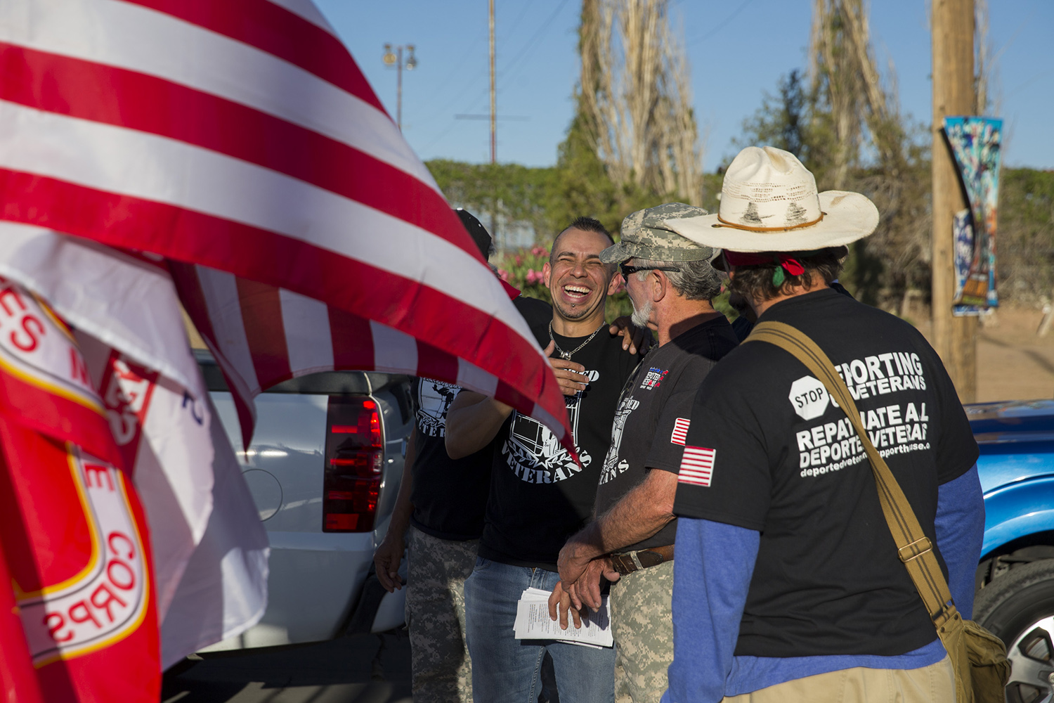 Michael Evans, who Michael Evans, who served four years in the U.S. Marine Corps, laughs with fellow vets on May 28, 2018, in Ciudad Juárez, Mexico.