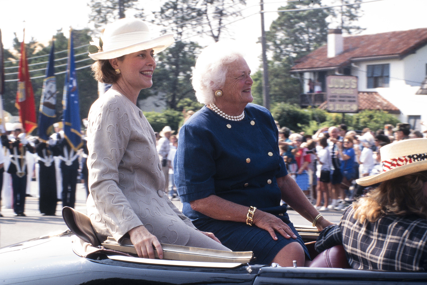 Former First Lady Barbara Bush and daughter-in-law Laura Bush attend a dedication at the Nimitz Museum in Fredricksburg on Sept. 6, 1998.