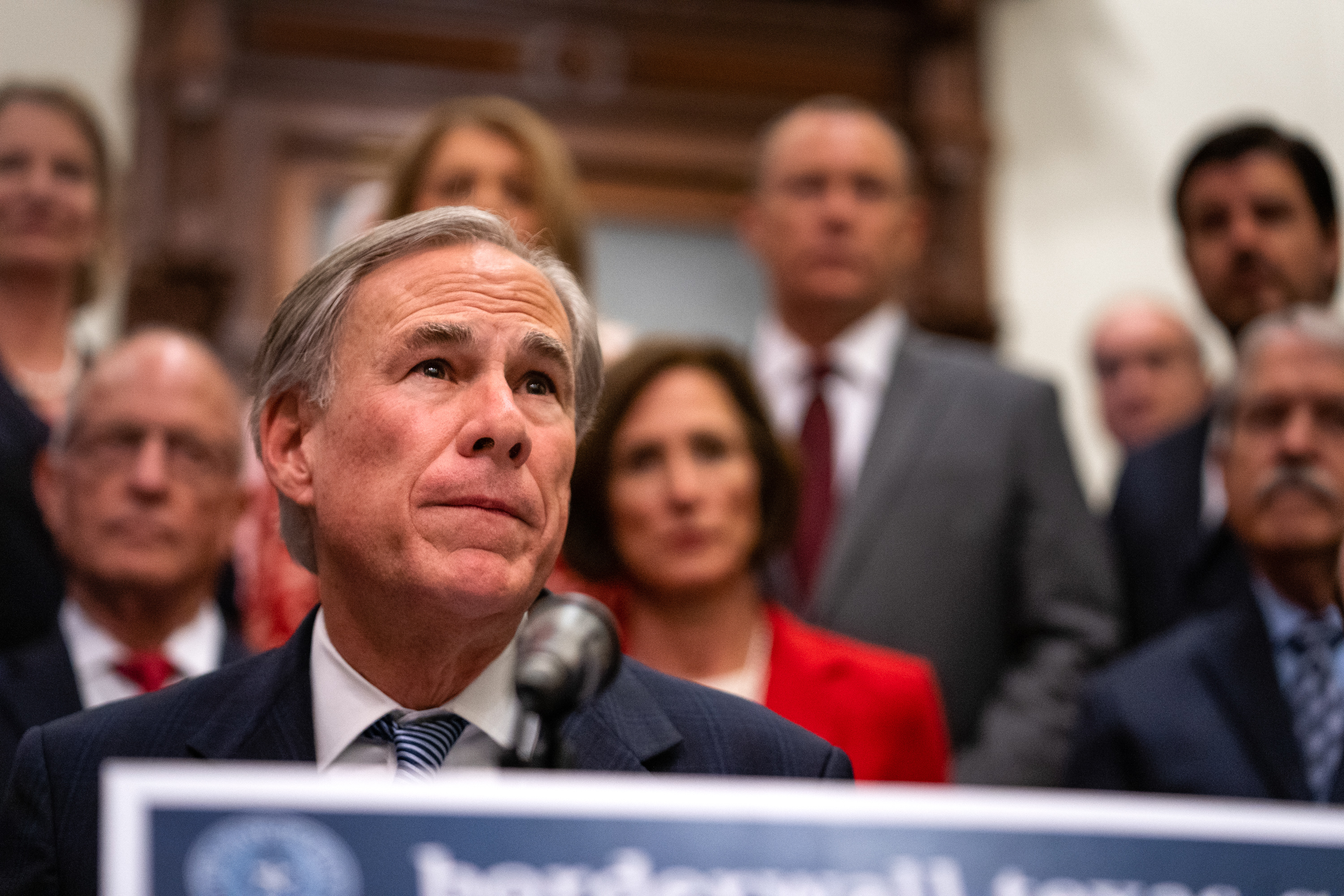Gov. Greg Abbott gave updates on his border wall plans with Lt. Gov. Dan Patrick and House Speaker Dade Phelan at the Texas Capitol on June 16, 2021
