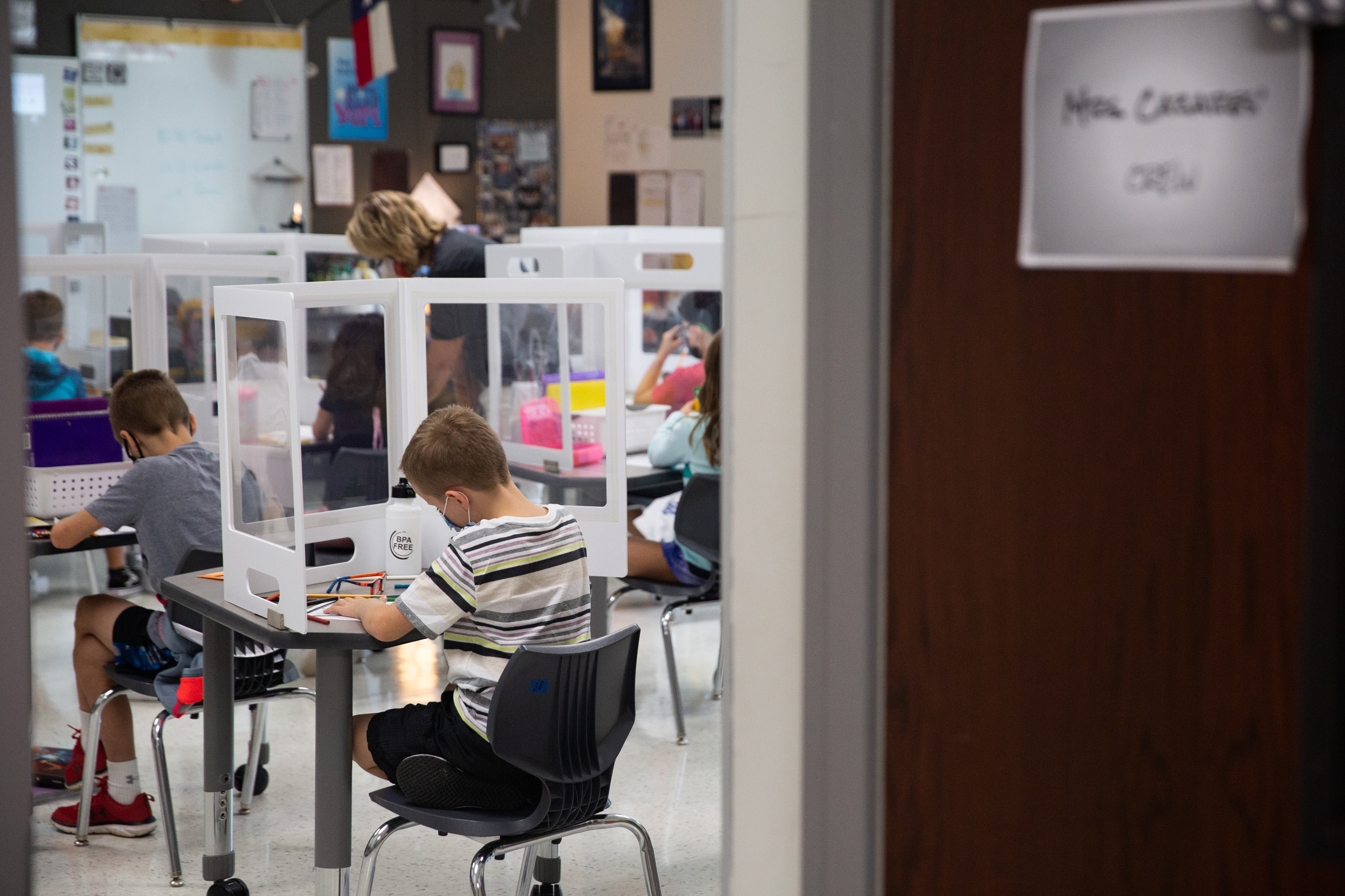 Students in Mrs. Cazares' third-grade class on the first day of in-person classes at Highland Village Elementary on Sept. 8, 2020.