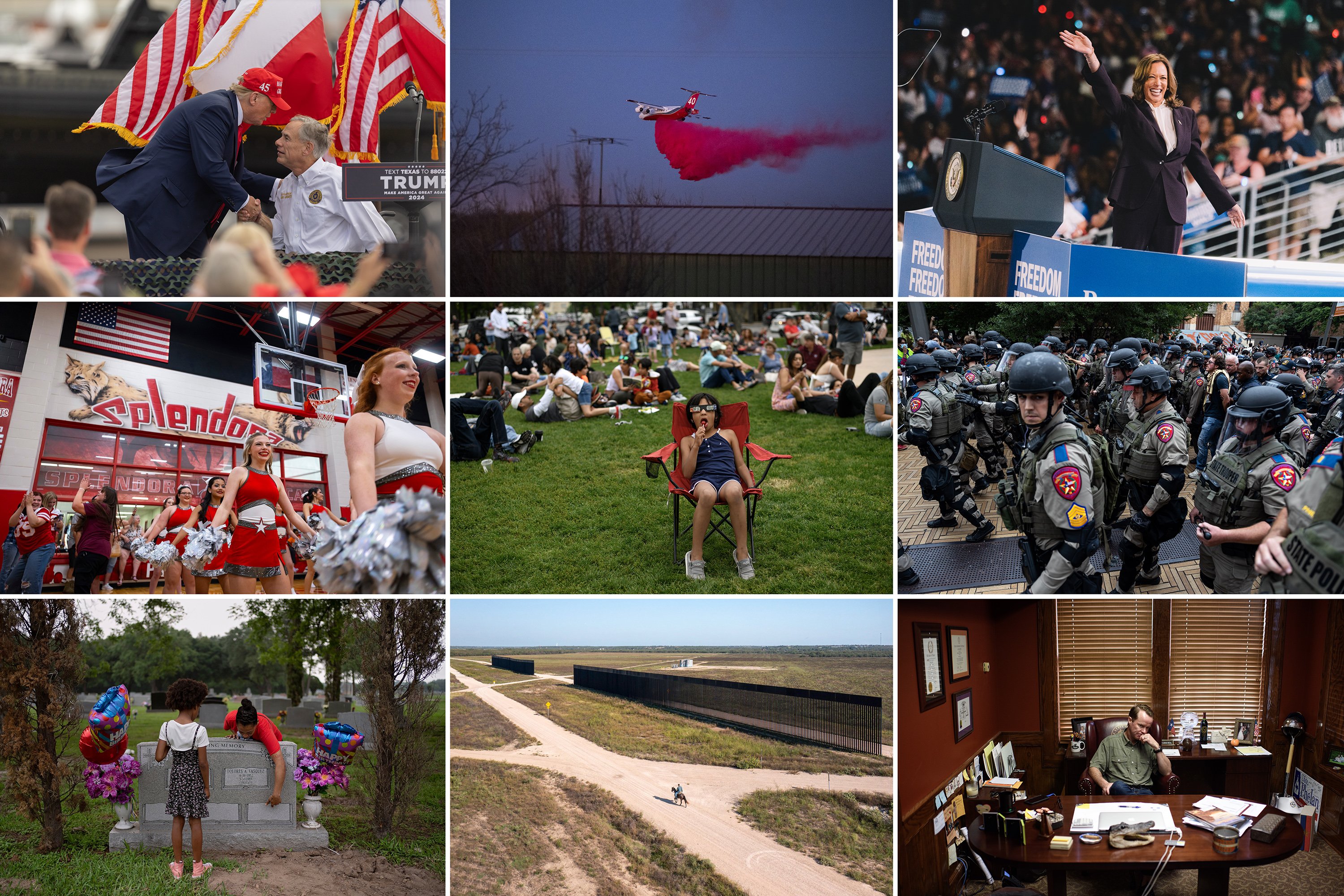 A collage of nine images, placed in a three by three grid. On top, from left: President Trump shakes hands with Goernor Greg Abbott, a plane flies dropping fire retardant during a wildfire, Vice President waves at the crowd during a campaign rally. In the middle row, from left: cheerleaders line up during a high school pep rally, a girl looks up during an eclipse viewing party, Depratment of Public Safety officers line up during a Palestine solidarity protest at the University of Texas at Ausitn. Bottom row, from left: a woman and a girl hug a cemetary gravestone, a man rides a horse next to constructed border wall, and House speaker Dade Phelan looks down at his office.