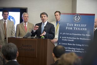 Gov. Rick Perry announced plans for a tax cut aimed at Texas small businesses on April 15, 2013, at the Austin Chamber of Commerce.