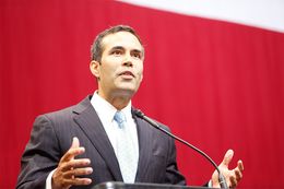 Land Commissioner George P. Bush speaking at the GOP election night party at the Moody Theater in Austin on Nov. 4, 2014.