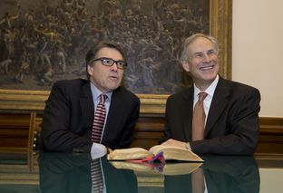 The day before Greg Abbott was sworn in as governor, he met with his predecessor, Gov. Rick Perry, who marked the 1925 Pat Neff Bible on Jan. 19, 2015, and passed it on to Abbott.