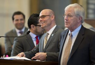 State Rep. Denis Bonnen at the front microphone while taking amendments on HB11 border security bill March 18, 2015.