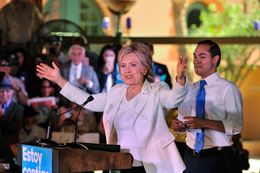 Democratic presidential frontrunner Hillary Clinton addresses supporters during a campaign rally Thursday in San Antonio. Joined on stage by U.S. Housing Secretary Julián Castro, she kicked off a months-long effort to energize Hispanic voters known as Latinos for Hillary.