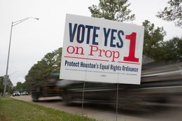 Prop 1 signs posted at the along the Adaptive Sports and Recreation facility on West Grey in Houston, TX for the November 2015 election. 
Photo by: Shelby Knowles