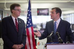 U.S. Sen. Ted Cruz, right, announces that Texas Lt. Gov. Dan Patrick is endorsing Cruz's presidential campaign. The Republicans made the announcement Oct. 26 at Cruz's campaign headquarters in Houston.