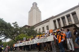 On Nov. 10, 2015, University of Texas at Austin faculty and students protested the new campus carry law that will allow concealed handgun license holders to carry handguns into campus buildings.