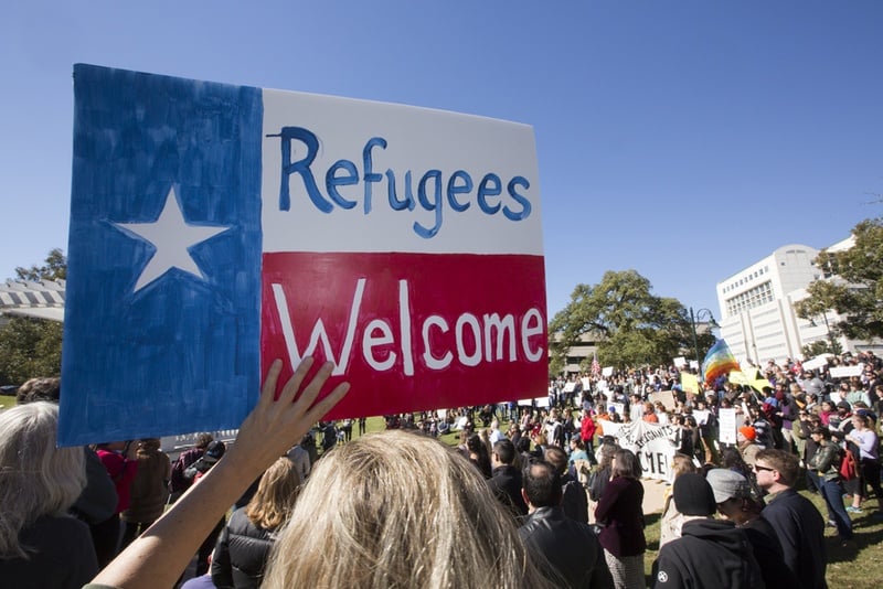 A group gathered at Wooldridge Park in Austin on Nov. 22, 2015, to protest Gov. Greg Abbott's decision not to accept refugees from Syria.