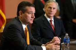 Sen. Ted Cruz (R-Texas) and Gov. Greg Abbott (R-Texas) speak at a press conference in the Capitol about Sen. Cruz’s Terrorist Refugee Infiltration Prevention Act of 2015 (S. 2302), in Washington, D.C. on Dec. 8, 2015.