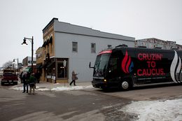 Sen. Ted Cruz's campaign bus is parked in downtown Guthrie Center, Iowa on Monday, January 4, 2016.