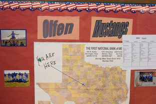 The location of Rowena, Texas, shown on a classroom map at Olfen ISD School.