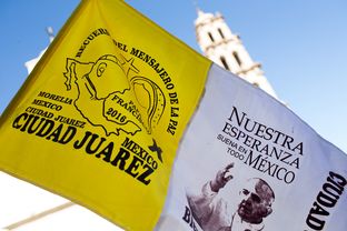 Memorabilia of Pope Francis is sold in the center of town steps from the Cathedral on Monday, February 15, 2016, in Juarez, Chihuhahua .