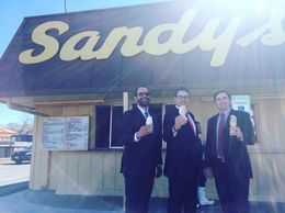 Former Gov. Rick Perry visits Sandy's Hamburgers in Austin after the state's highest criminal court rules that his remaining felony indictment should be dismissed.