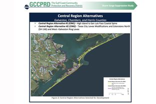 A map in the Gulf Coast Community Protection and Recovery District's latest report shows the "coastal spine" (yellow) and a new proposal for a levee system (purple)