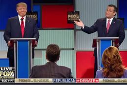 Businessman Donald Trump and U.S. Sen Ted Cruz at the Fox Business Republican presidential debate in North Charleston, South Carolina on January 14, 2016.