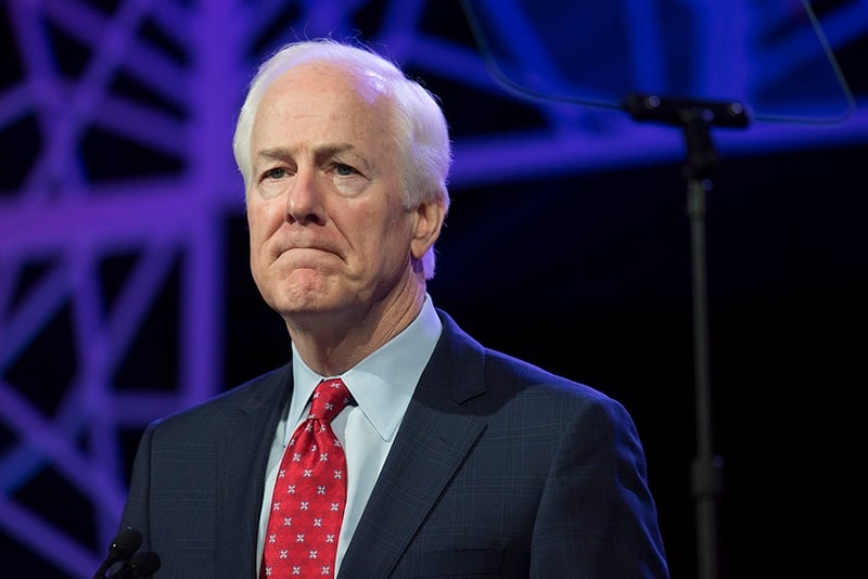 U.S. Sen. John Cornyn wraps up his keynote address to delegates at the Republican Party of Texas convention in Dallas on May 13, 2016.