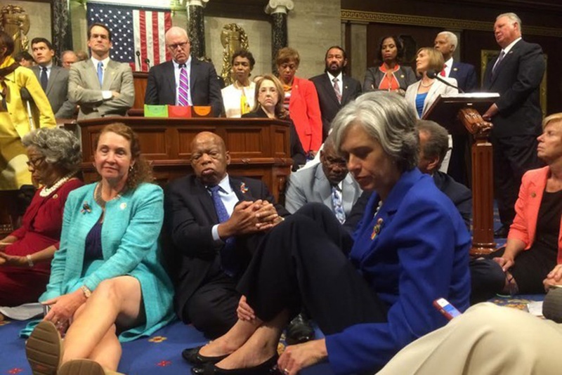 A photo shot and tweeted from the floor of the House by U.S. Rep. Katherine Clark, D-Massachusetts, shows Democratic House members staging a sit-in over gun legislation on Capitol Hill in Washington, D.C. on June 22, 2016.