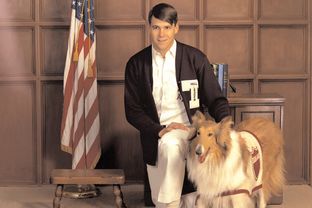 Rick Perry with Reveille, the Texas A&M mascot. This image is included in Perry's collection in the Texas Digital Archive.