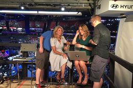 Former state Sen. Wendy Davis getting ready for a television interview inside of the Wells Fargo Center, site of the 2016 Democratic National Convention in Philadelphia, on July 27, 2016.