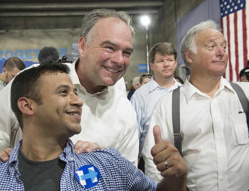 U.S. Sen. Tim Kaine, the 2016 Democratic vice presidential nominee, greeted supporters in Austin with state Sen. Kirk Watson of Austin during a meeting with supporters on Aug. 9, 2016.