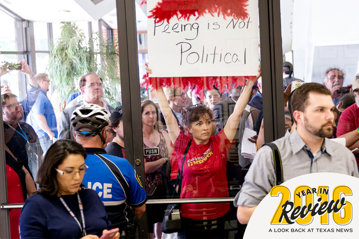 Protesters at a press conference held by Texas Lt. Gov. Dan Patrick in May, 2016 calling on Fort Worth Independent School District Superintendent Kent Scribner to resign over the district's bathroom guidelines for transgender students.