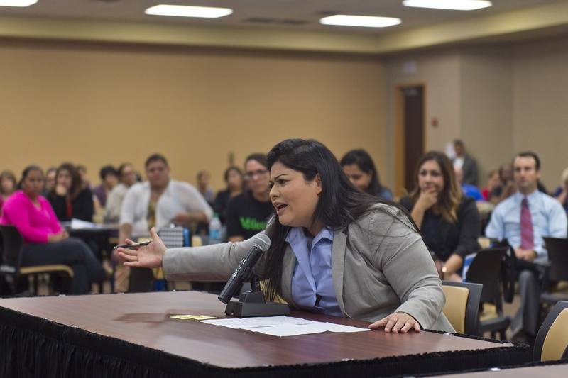 Vanessa Tijerina addresses a U.S. Department of Education panel about her 13-year-old special needs child on Dec. 13, 2016, in Edinburg, Texas. Federal education officials toured Texas to hear community members' experiences with special education, as part of an investigation into whether Texas is capping services for students with disabilities.