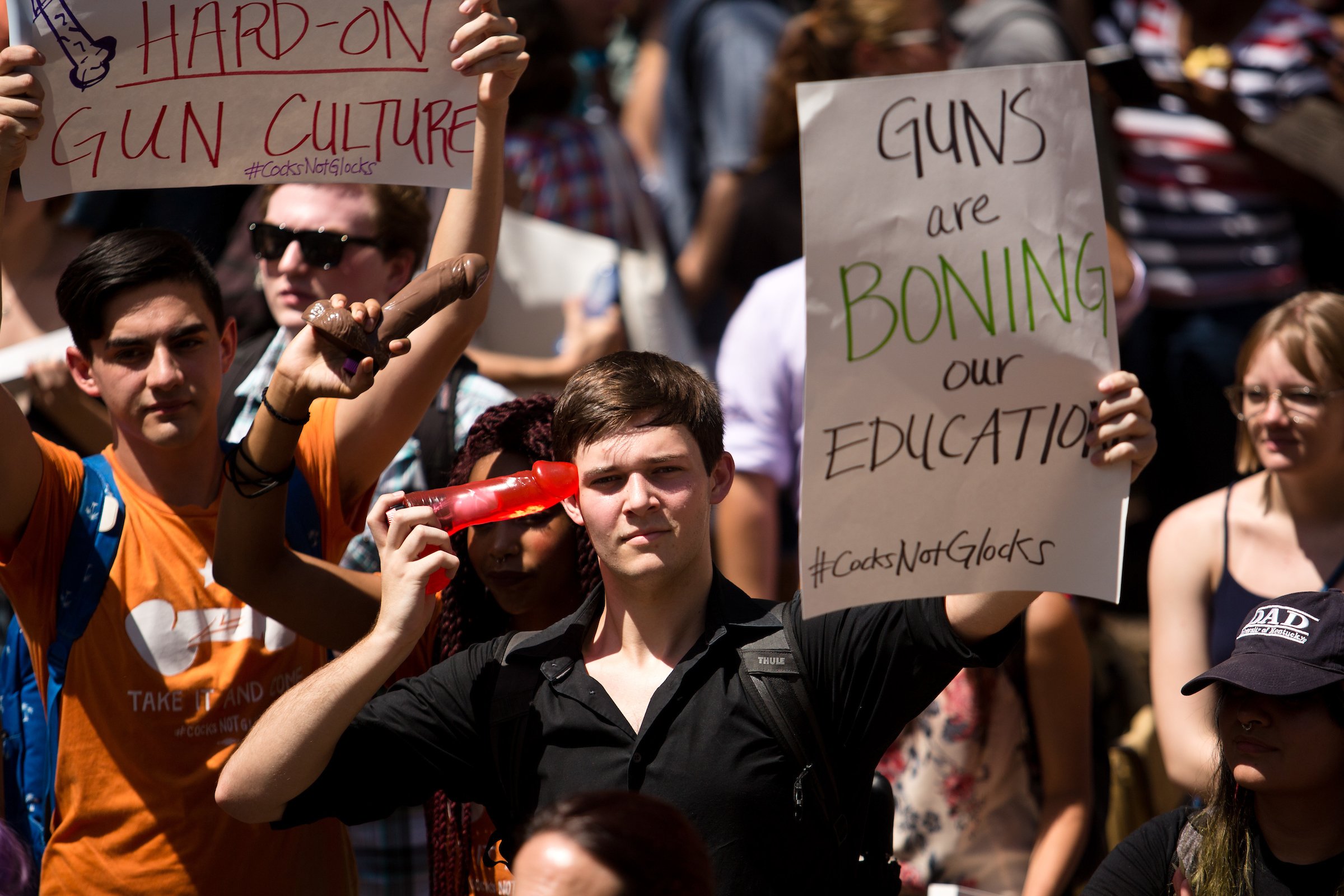 Seis Steves protests the newly enacted campus carry law at the Cocks Not Glocks rally at UT Austin, August 24, 2016.