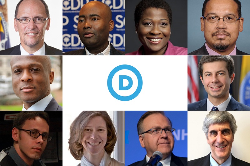 Some candidates vying to lead the Democratic National Committee appeared at the Regional DNC Future Forum in Houston on January 28, 2017. Clockwise from top right: Tom Perez, Jaime Harrison, Jehmu Greene, Keith Ellison, Pete Buttigieg, Peter Peckarsky, Ray Buckley, Sally Boynton Brown and Vincent Tolliver.